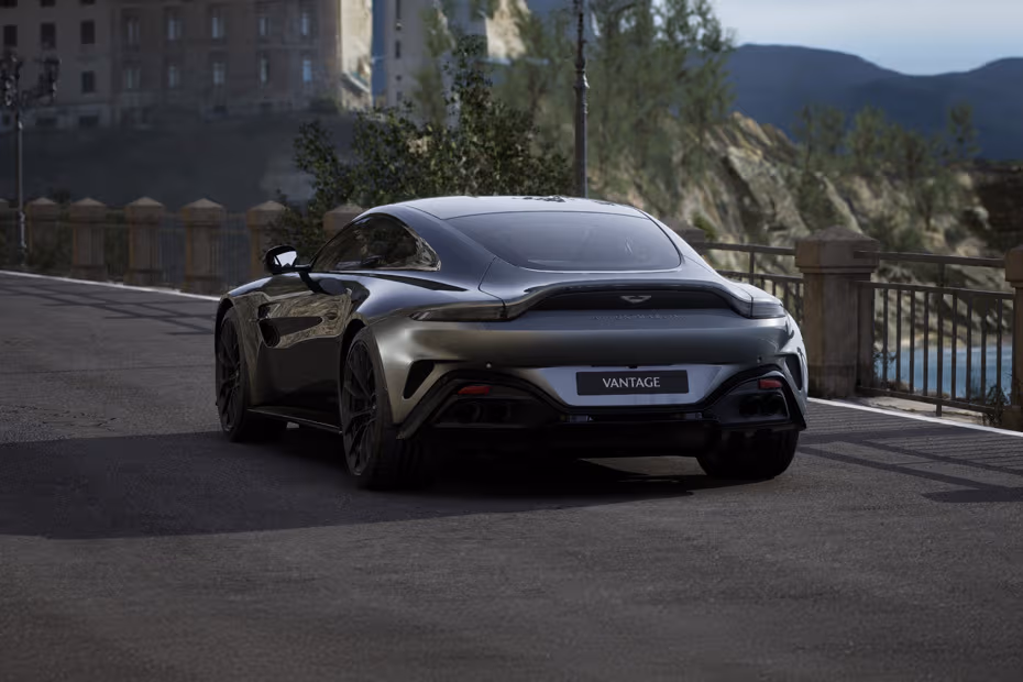 Aston Martin Vantage 2026 Rear Left Side Angle View Showing Taillights, Tailgate and Alloy Wheels