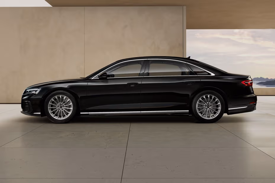  Audi A8 L 2026 left side profile with alloy wheels