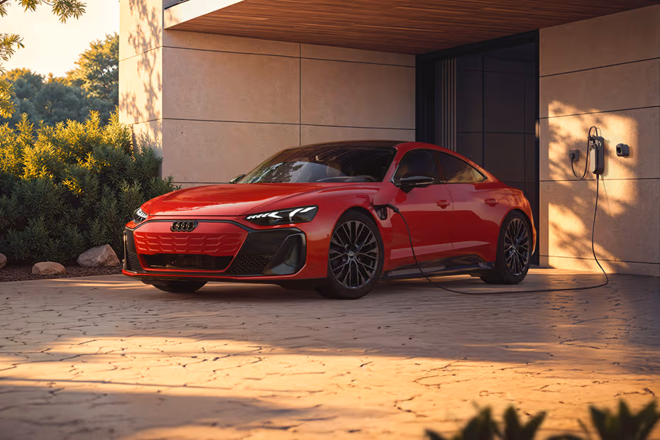 Audi E-tron GT 2026 Front Left side angle view showing LED DRLs