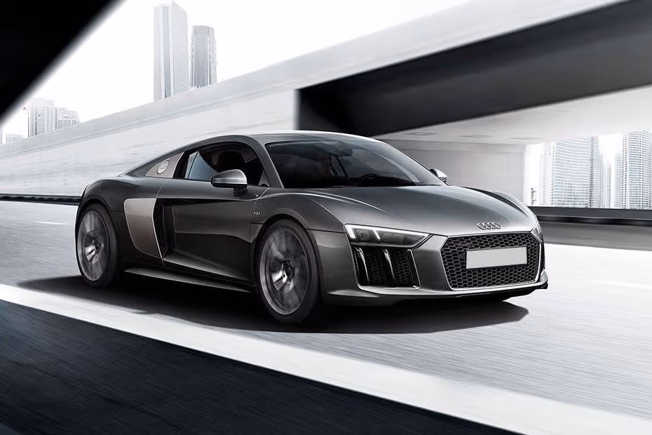Audi R8 Coupe 2026 front right side angle view on city street