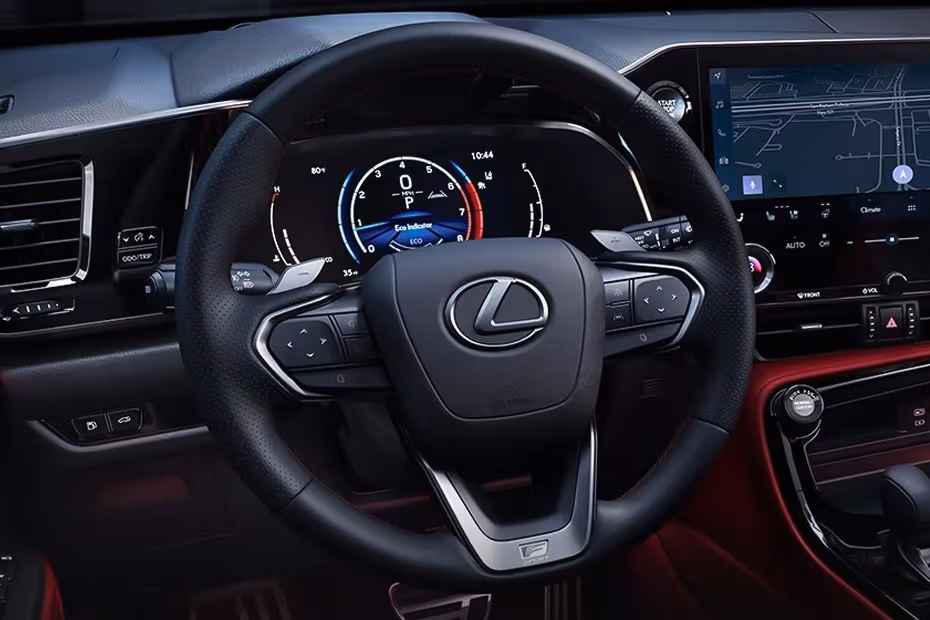 Lexus IS 2026 steering wheel controls with media buttons and scroll wheel