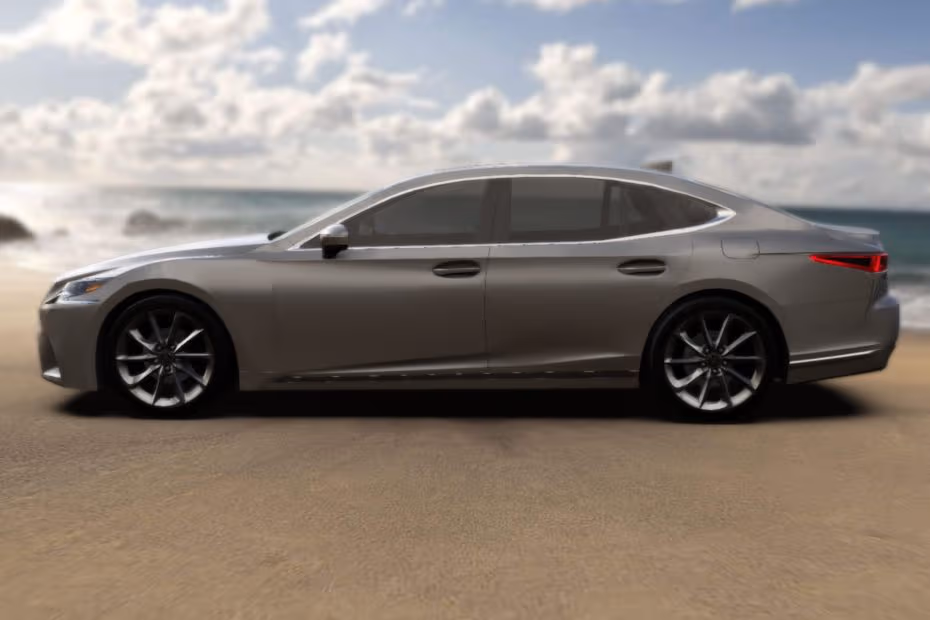 Lexus LS 2026 Sedan Sonic titanium left side profile with alloy wheels
