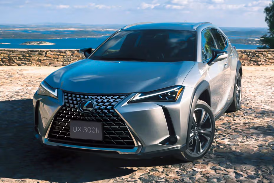 Lexus UX300H 2026 SUV Sonic Titanium front right side angle view