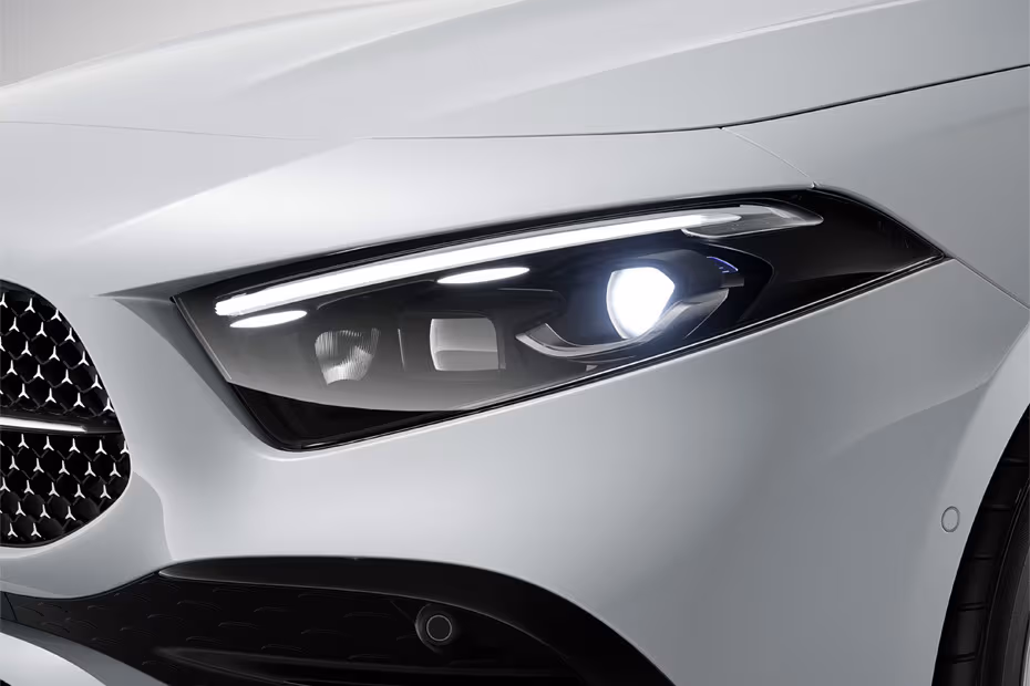 Mercedes-Benz A-Class Sedan Pearl White Sedan front view with LED Headlights