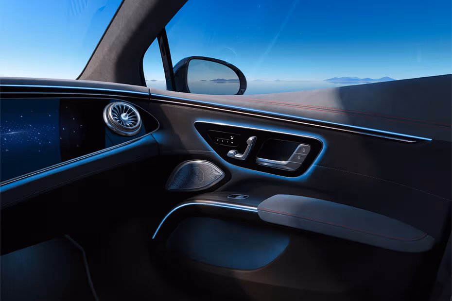 Mercedes-Benz EQS 2026 Front Passenger Cabin view with ambient lighting