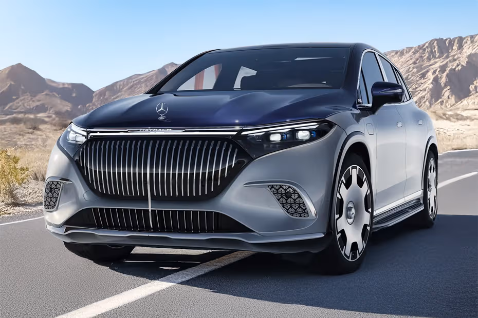 Mercedes-Benz Maybach EQS 2026 front left side angle view showing headlights 