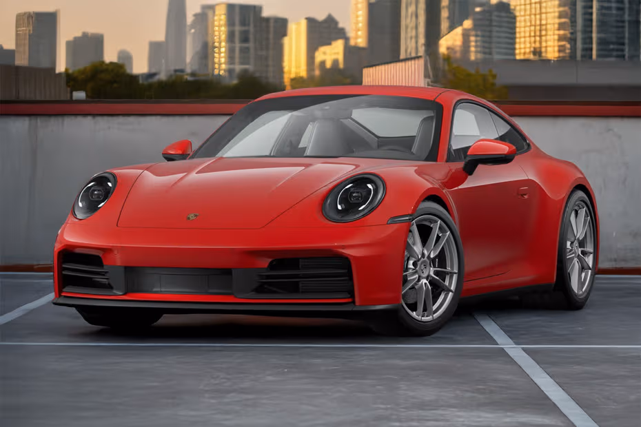Porsche 911 2026 Front left side angle view showing headlights, front grille and alloy wheels