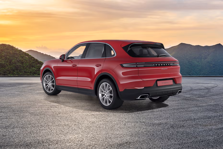 Porsche Cayenne 2026 Rear Left Side Angle View Showing Taillights, Tailgate and Alloy Wheels