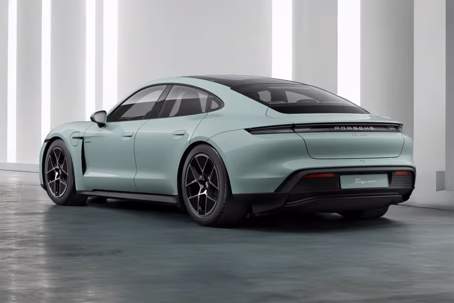 Porsche Taycan 2026 Rear Left Side Angle View Showing Taillights, Tailgate and Alloy Wheels