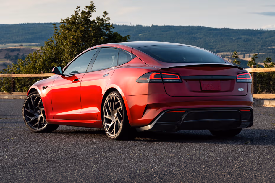 Tesla Model S 2026 Rear Left Side Angle View Showing Taillights