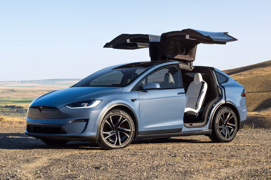 Tesla Model X 2026 Rear View Showing Open Passenger Doors
